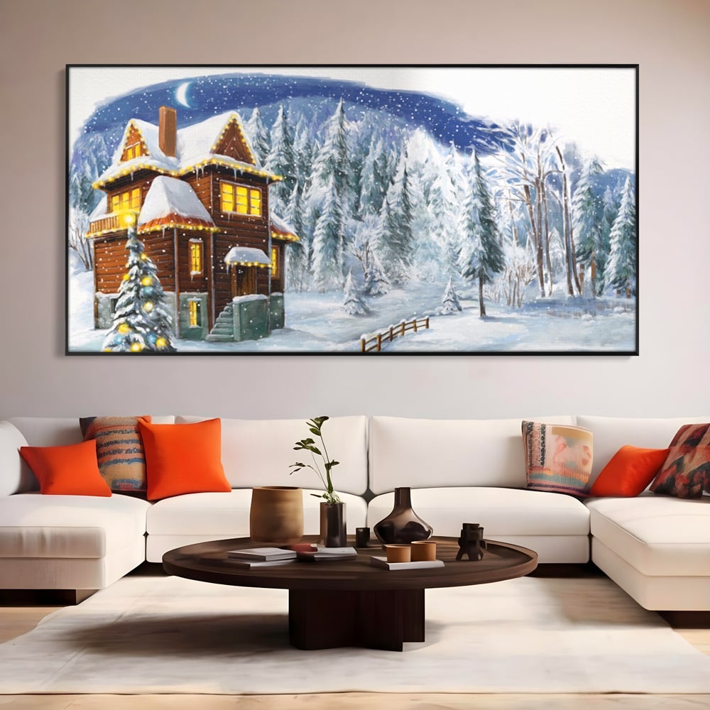 Tablou canvas cu tablou canvas cu peisaj de iarna, in rama de aluminiu negru, pe perete intr-un living